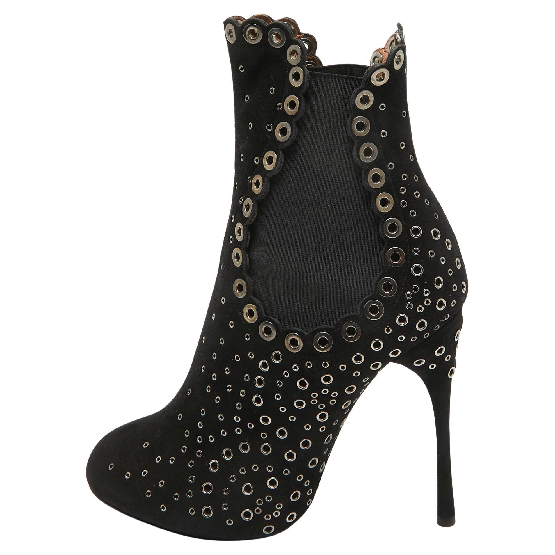 Alaia Black Suede Studded Ankle Boots Size 38 For Sale