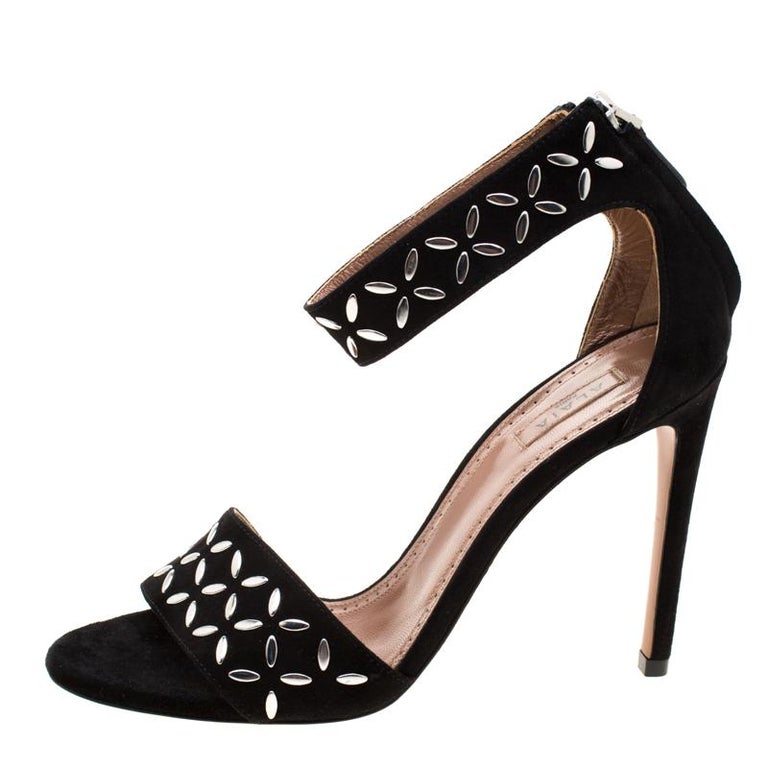 Alaia Black Suede Studded Ankle Strap Sandals Size 36 For Sale at 1stDibs