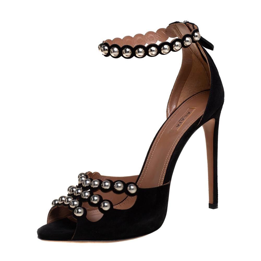 Alaia Black Suede Studded Ankle Strap Sandals Size 40 For Sale