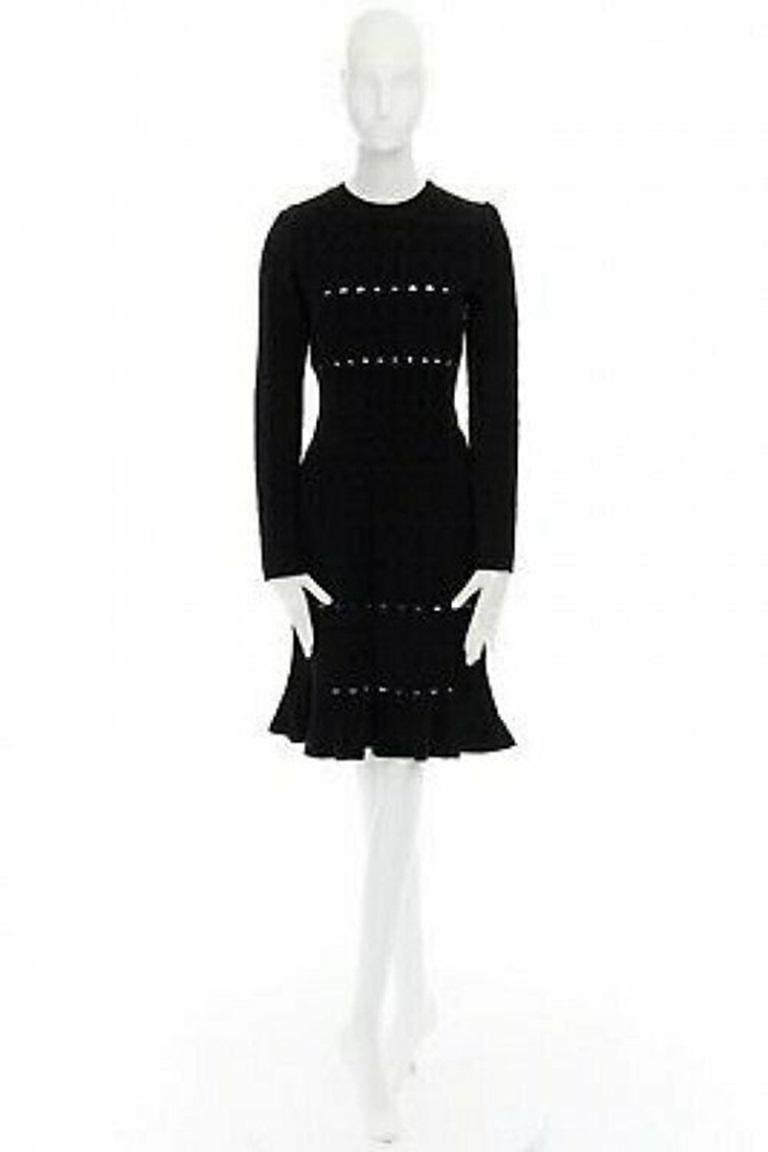 ALAIA black textured chenille cutout fluted hem bodycon dress US8 UK12 IT44 FR40 For Sale 6