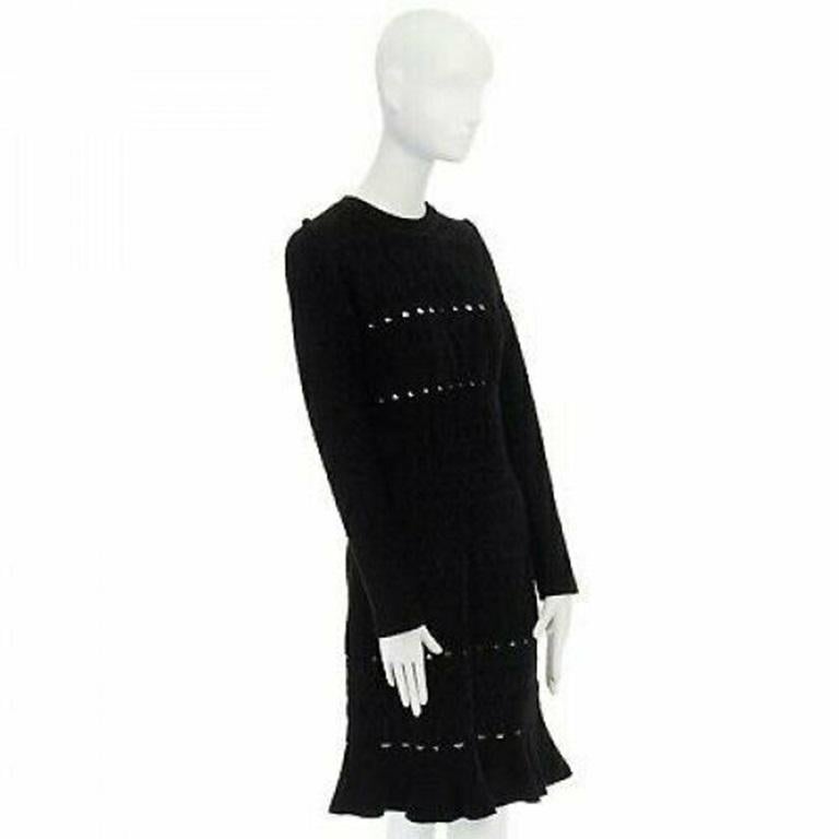 Black ALAIA black textured chenille cutout fluted hem bodycon dress US8 UK12 IT44 FR40 For Sale