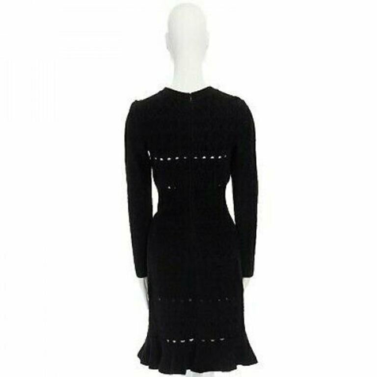 Women's ALAIA black textured chenille cutout fluted hem bodycon dress US8 UK12 IT44 FR40 For Sale