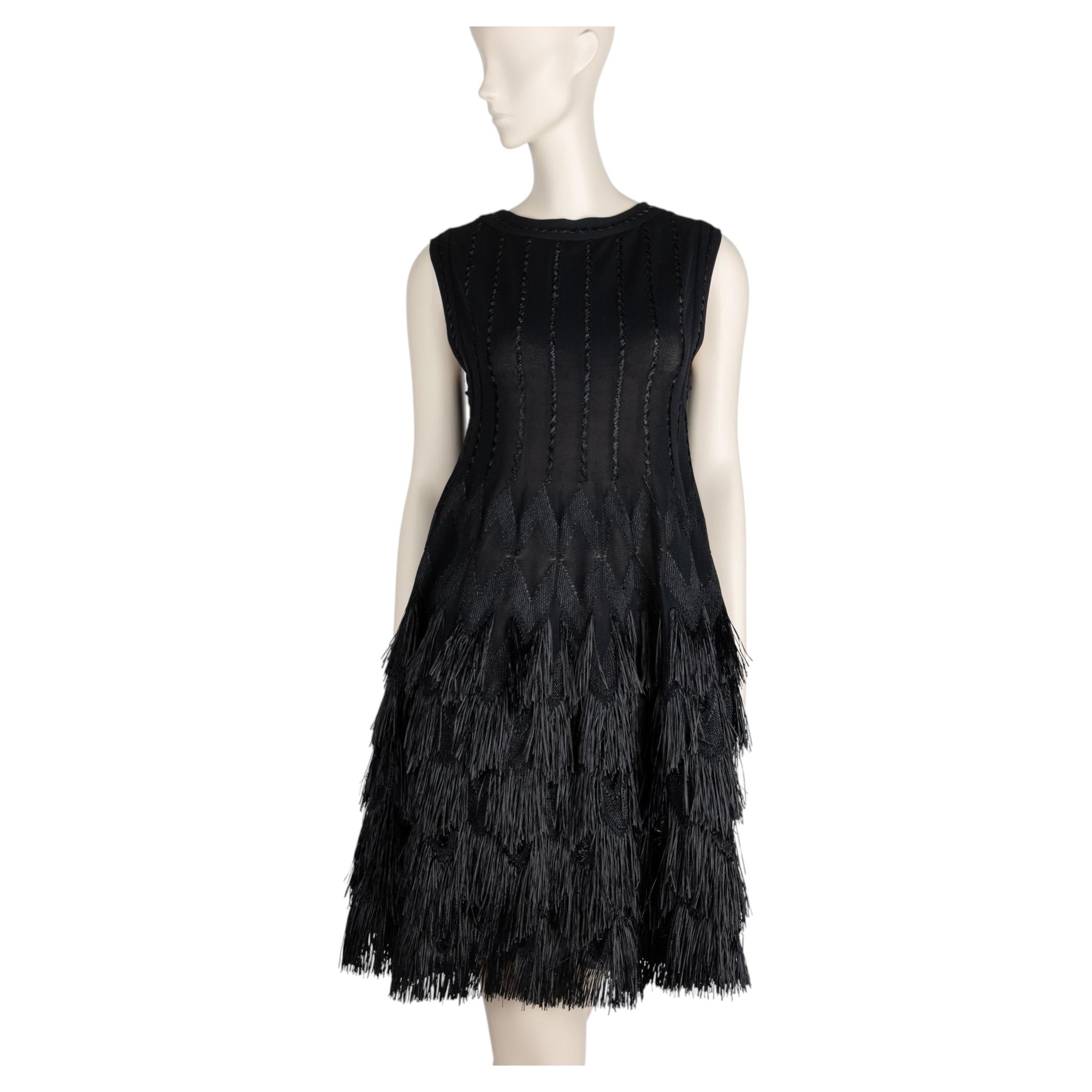 Alaïa Black Textured Raffia Fringe Knit Dress Size 38 IT