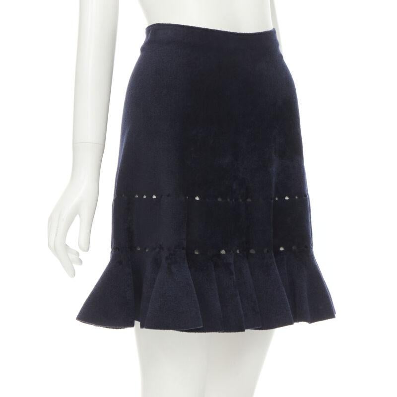 Black ALAIA black velour geometric cut out flared hem skirt FR38 M For Sale