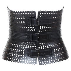 ALAIA Black Vienne openwork laser cut triple buckle leather corset belt 65cm