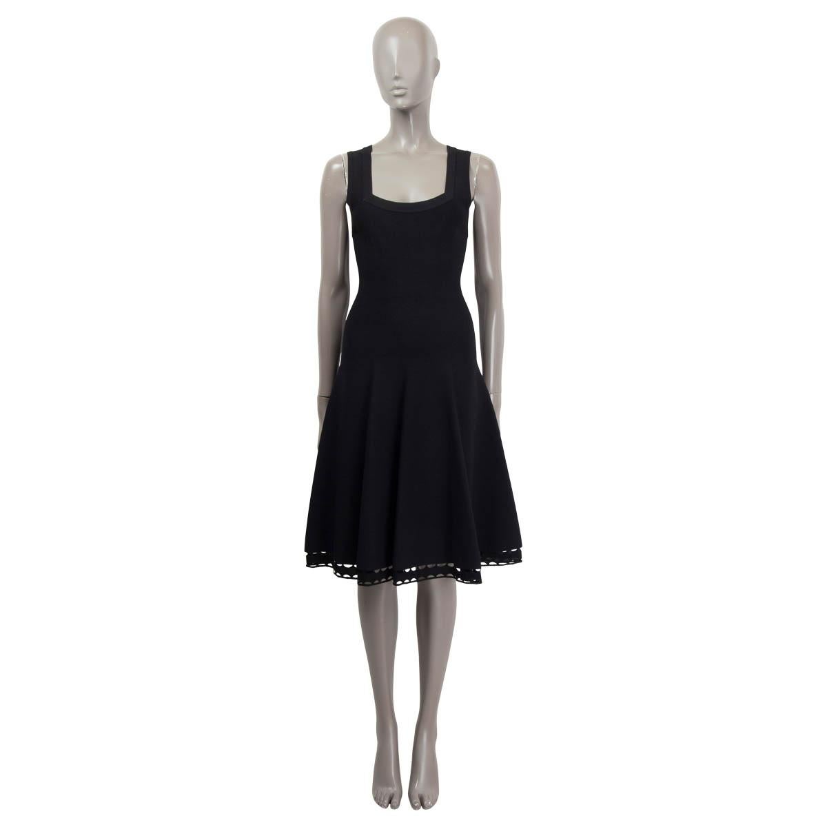 100% authentic Alaïa sleeveless flared dress in black viscose (82%), polyester (10%) and polyamide (6%). Features square neckline and perforated hem. Opens with a zipper on the back. Has been worn and is in excellent condition. 

Measurements
Tag