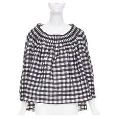 ALAIA black white checked gingham smocked neck asymmetric loose top FR36 S