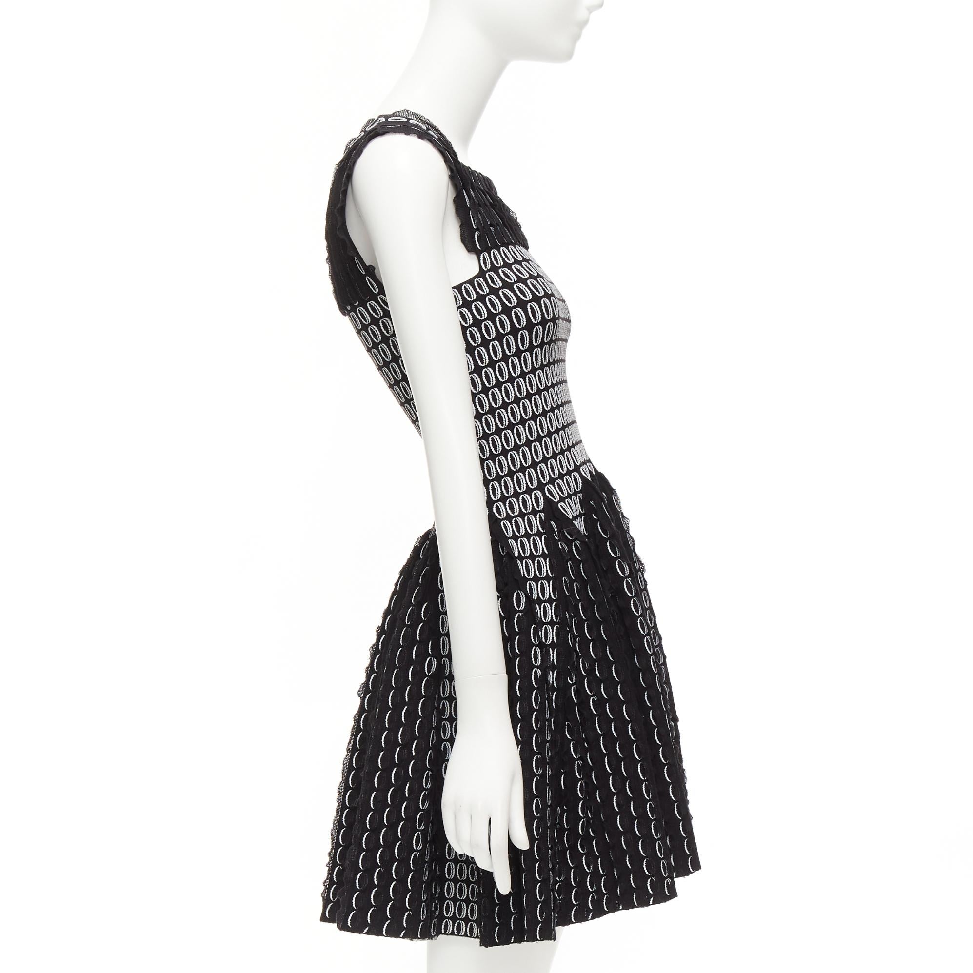Women's ALAIA black white scallop ruffle eyelet jacquard knitted fit flare dress FR36 S For Sale