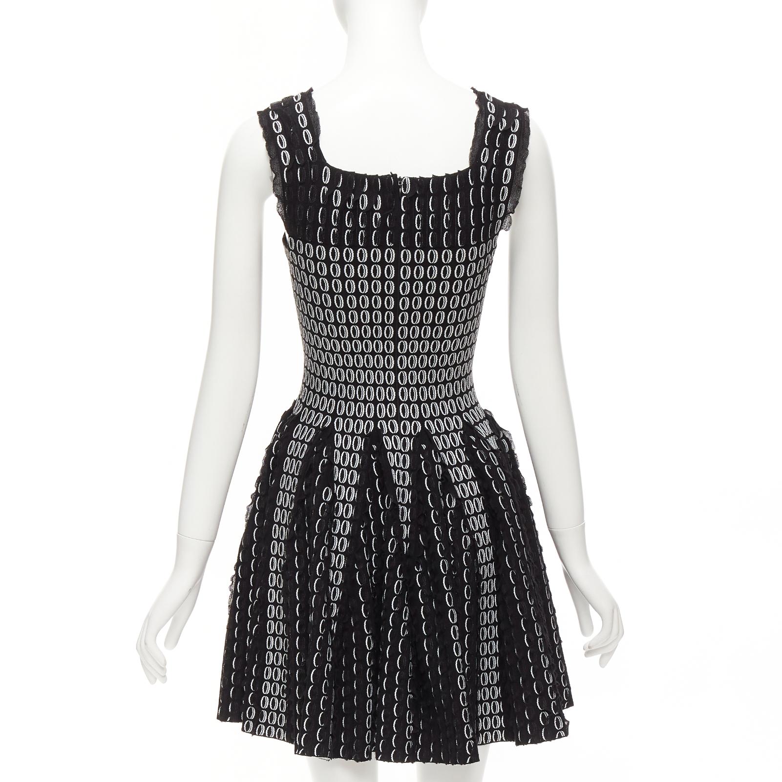 ALAIA black white scallop ruffle eyelet jacquard knitted fit flare dress FR36 S For Sale 1