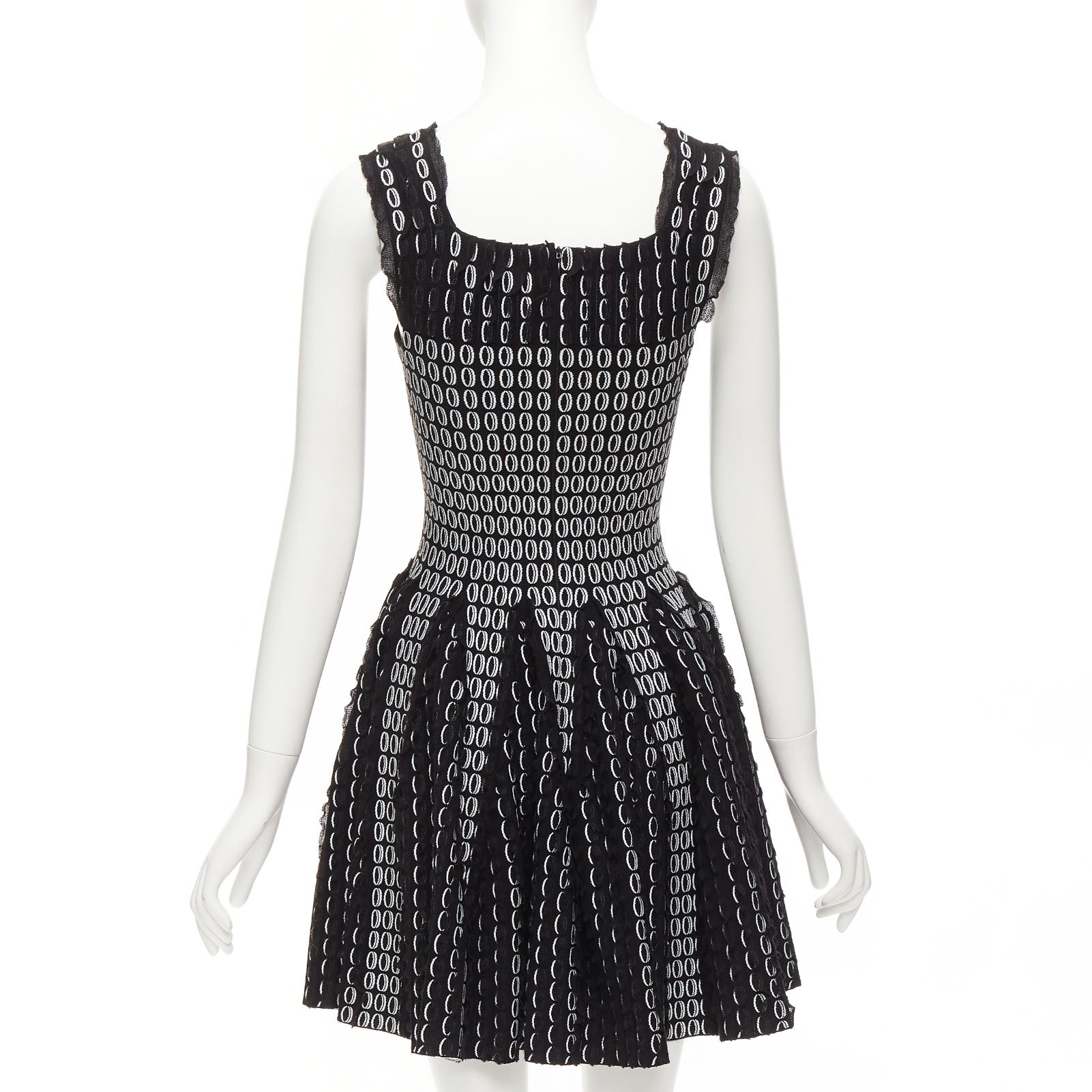 ALAIA black white scallop ruffle eyelet jacquard knitted fit flare dress FR36 S 1