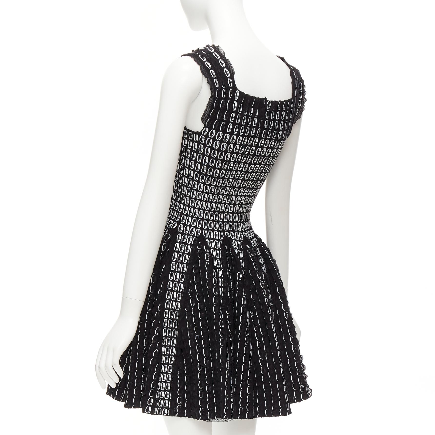 ALAIA black white scallop ruffle eyelet jacquard knitted fit flare dress FR36 S 2