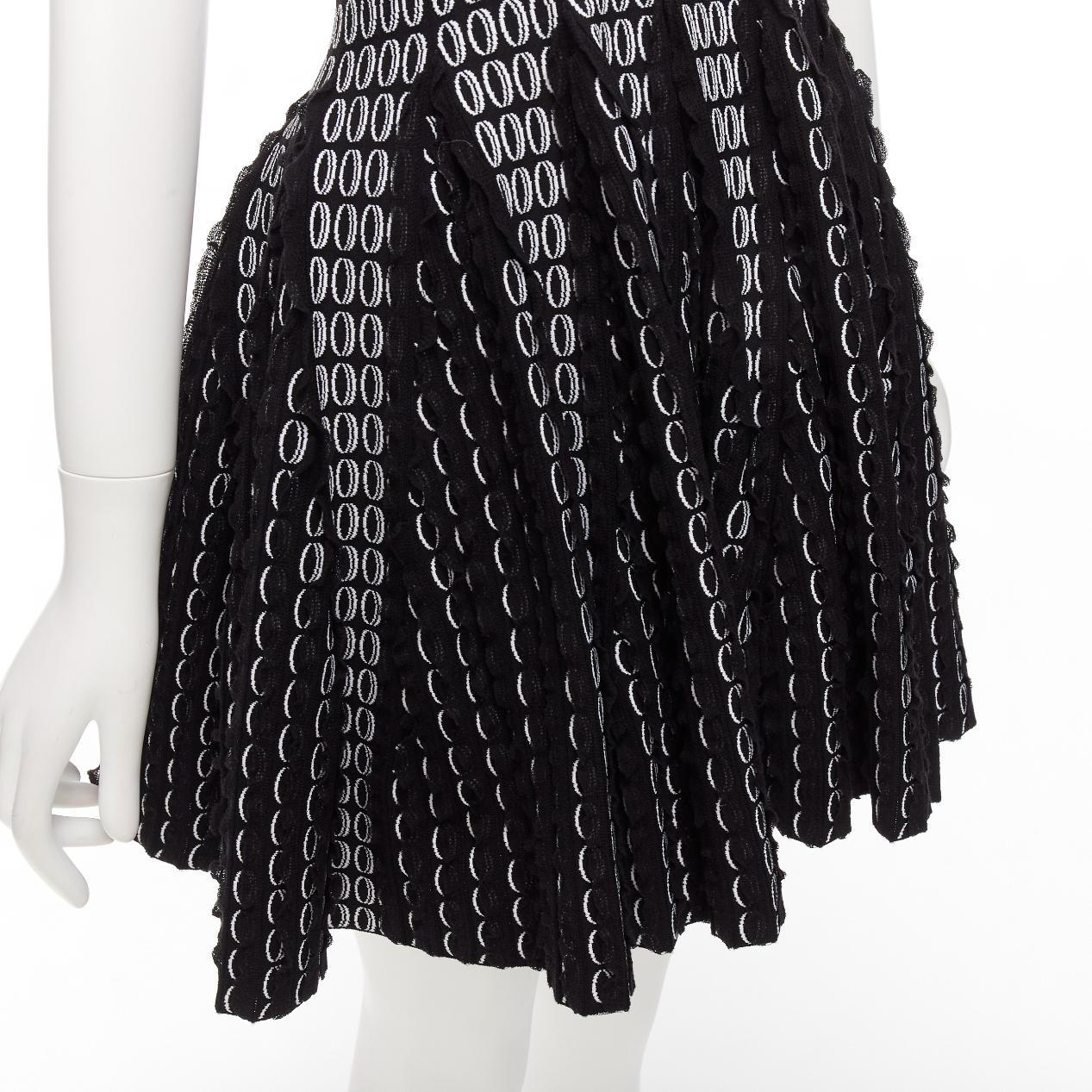 ALAIA black white scallop ruffle eyelet jacquard knitted fit flare dress FR36 S For Sale 3