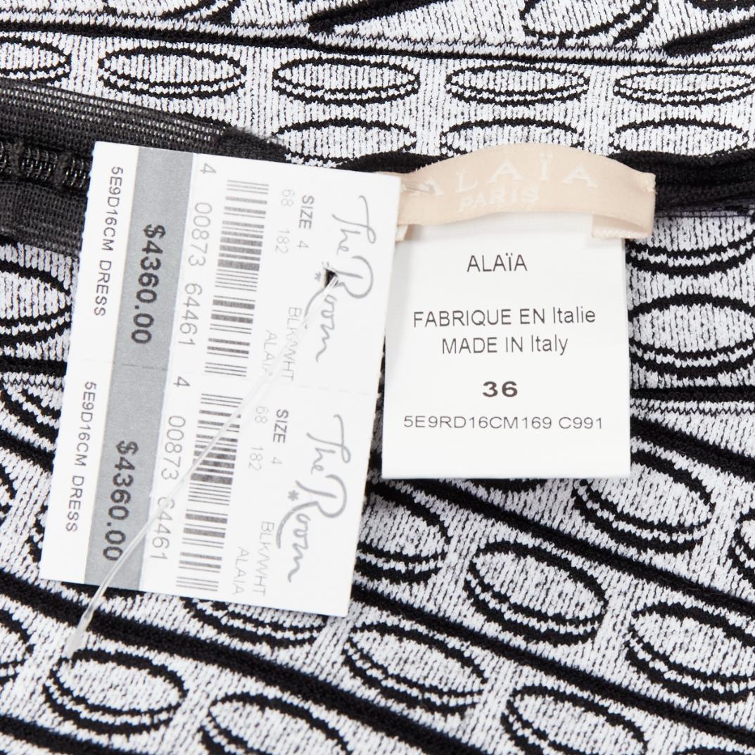 ALAIA black white scallop ruffle eyelet jacquard knitted fit flare dress FR36 S For Sale 4