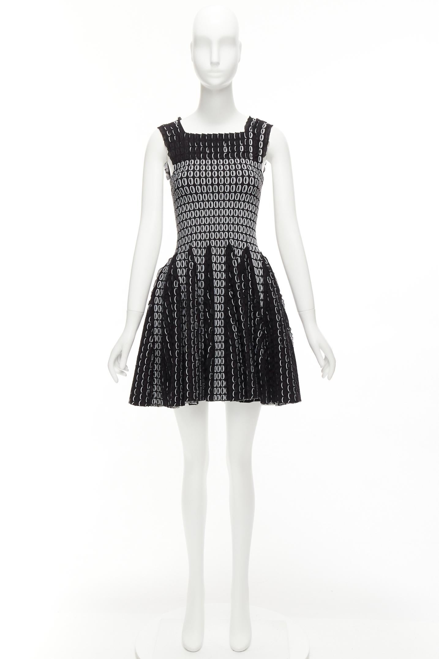 ALAIA black white scallop ruffle eyelet jacquard knitted fit flare dress FR36 S For Sale 5