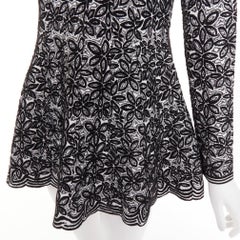 ALAIA black white wool floral jacquard scallop hem peplum tunic FR36 S