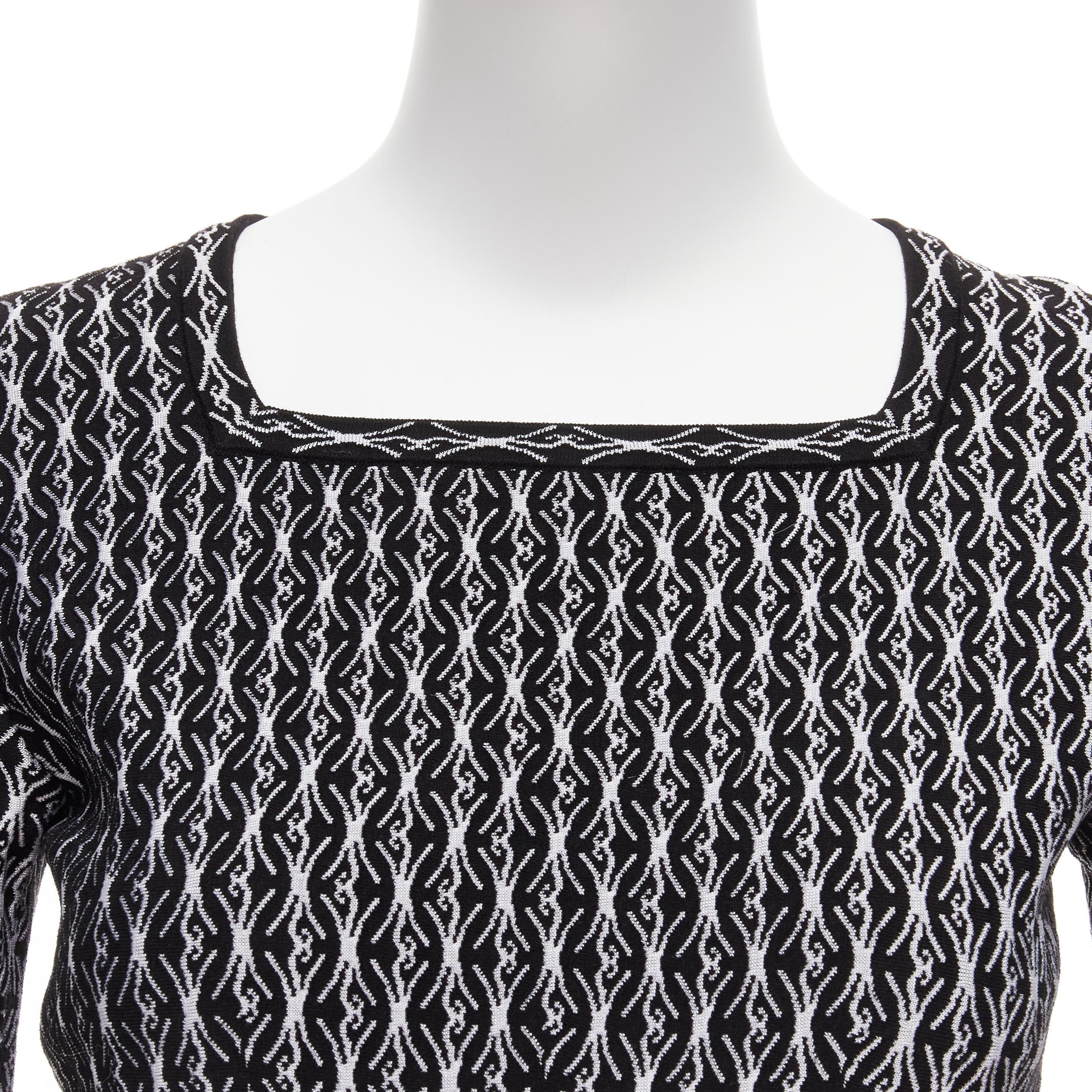 ALAIA negro blanco lana jacquard cuello cuadrado dobladillo acampanado vestido de cóctel FR38 M en venta 2