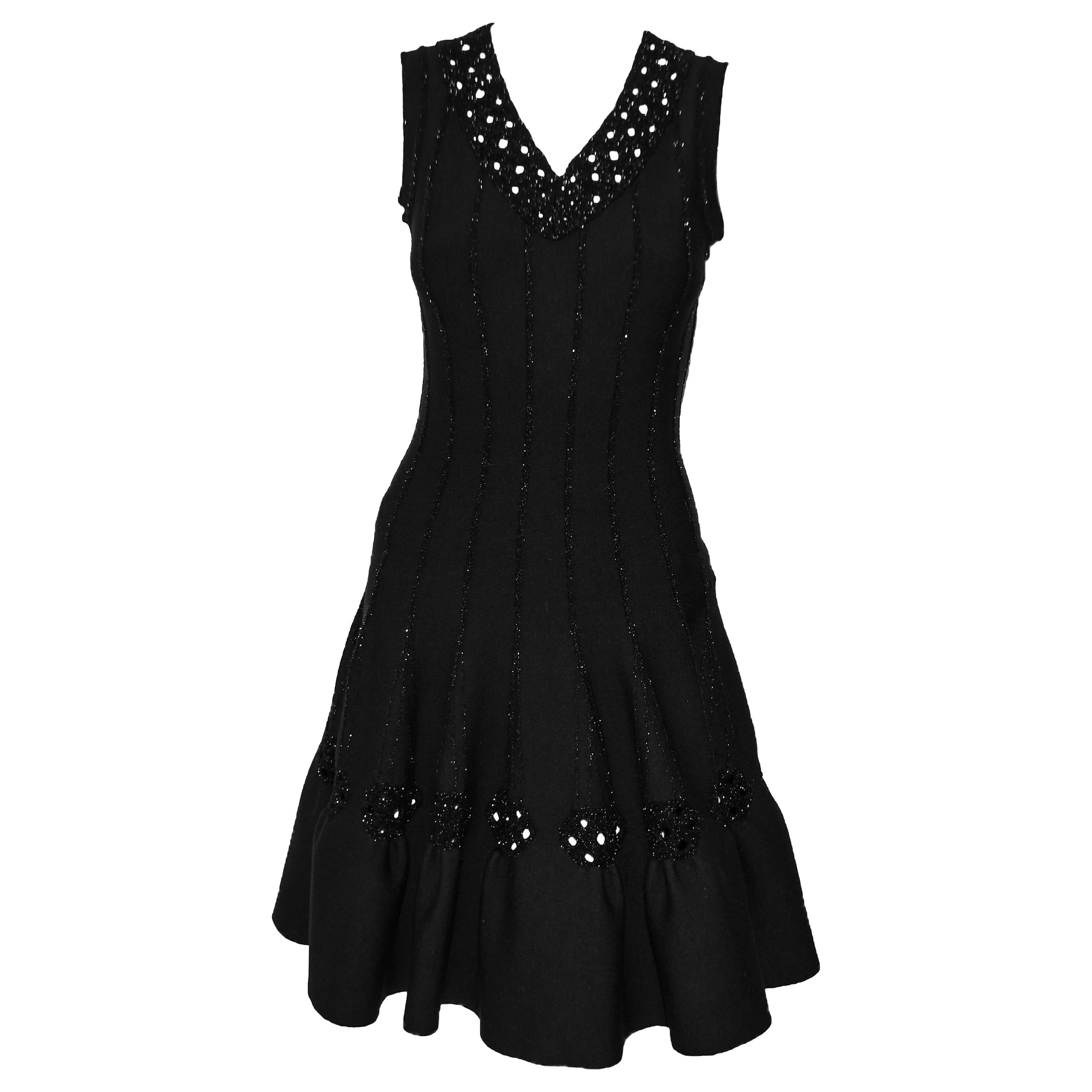 Alaia Black Wool Blend Punch Hole Decorated Sleeveless Dress