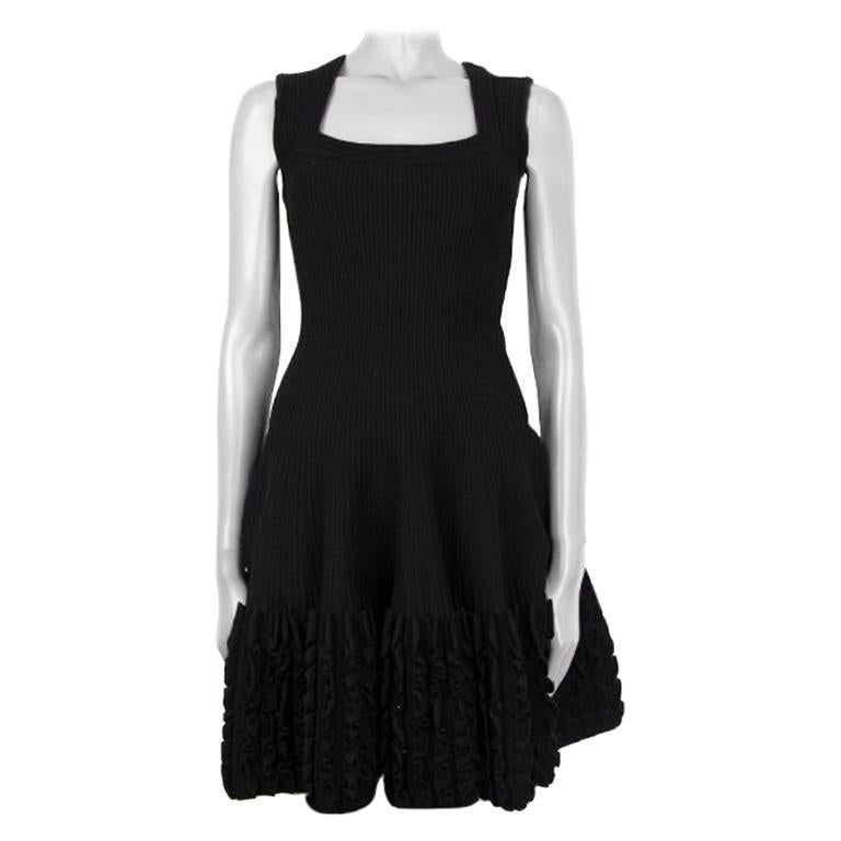 ALAIA black wool blend RUFFLED HEM KNIT Flared Dress 36