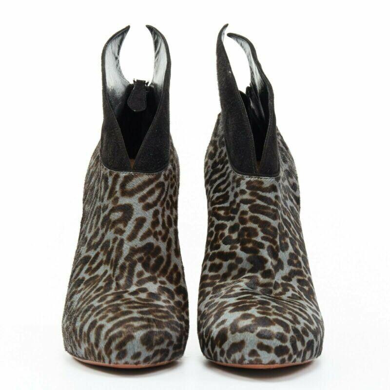 Black ALAIA blue black leopard print calf hair suede angular wing back bootie EU39.5