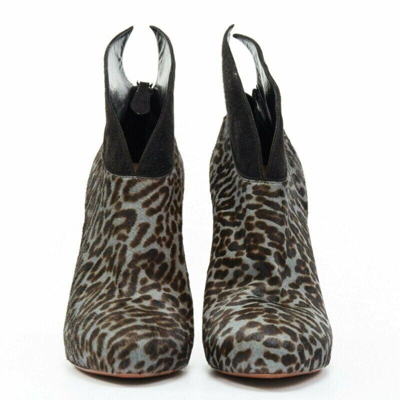 Black ALAIA blue black leopard print calf hair suede angular wing back bootie EU39.5 For Sale