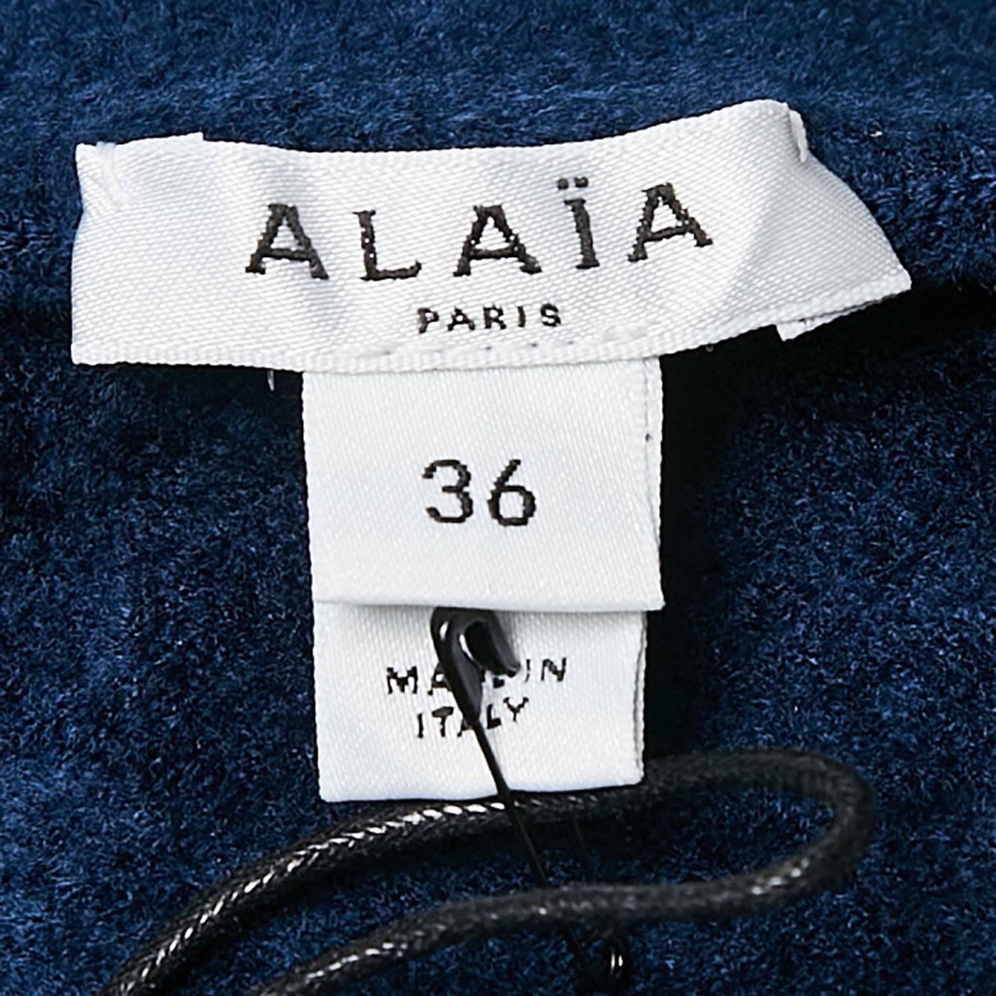 Alaia Blue Stretch Velvet High Neck Bodysuit S Neuf à Dubai, Al Qouz 2