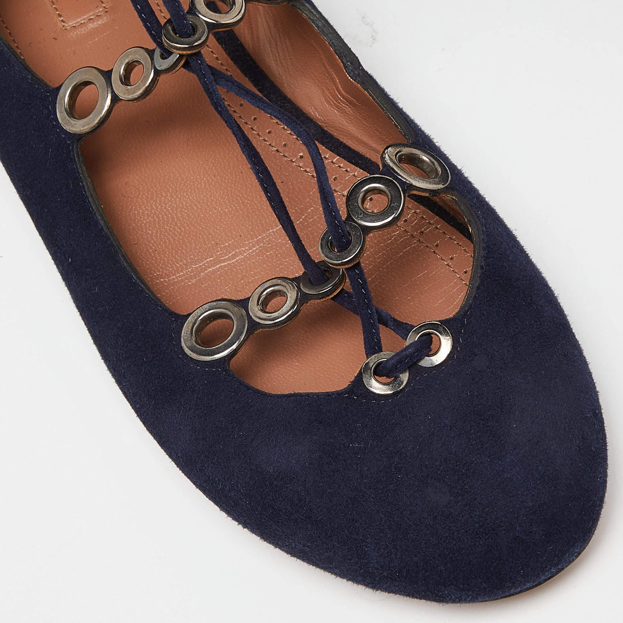 Alaia Blue Suede Lace up Ballet Flats Size 37 3