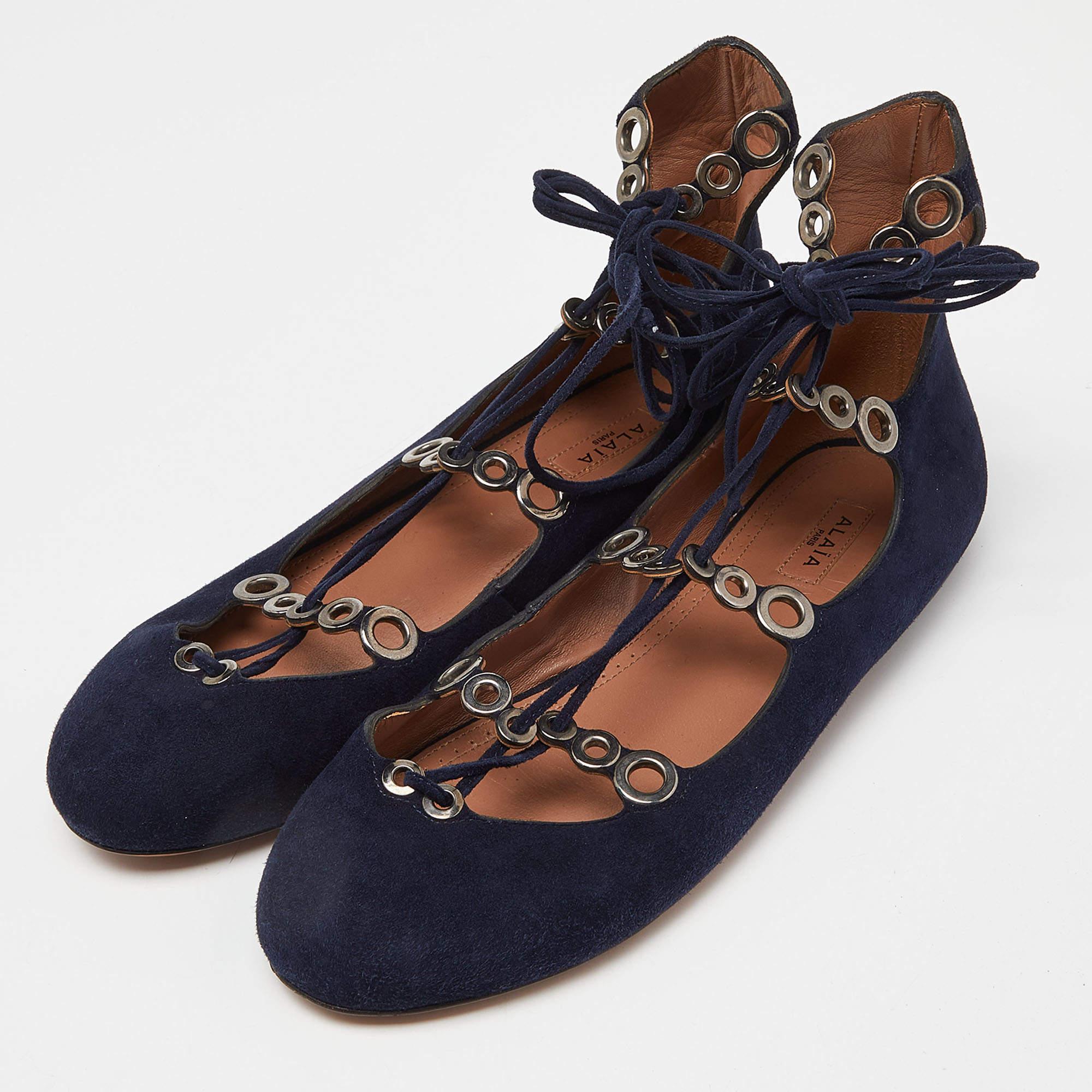 Alaia Ballerines à lacets en daim bleu taille 37 en vente 4