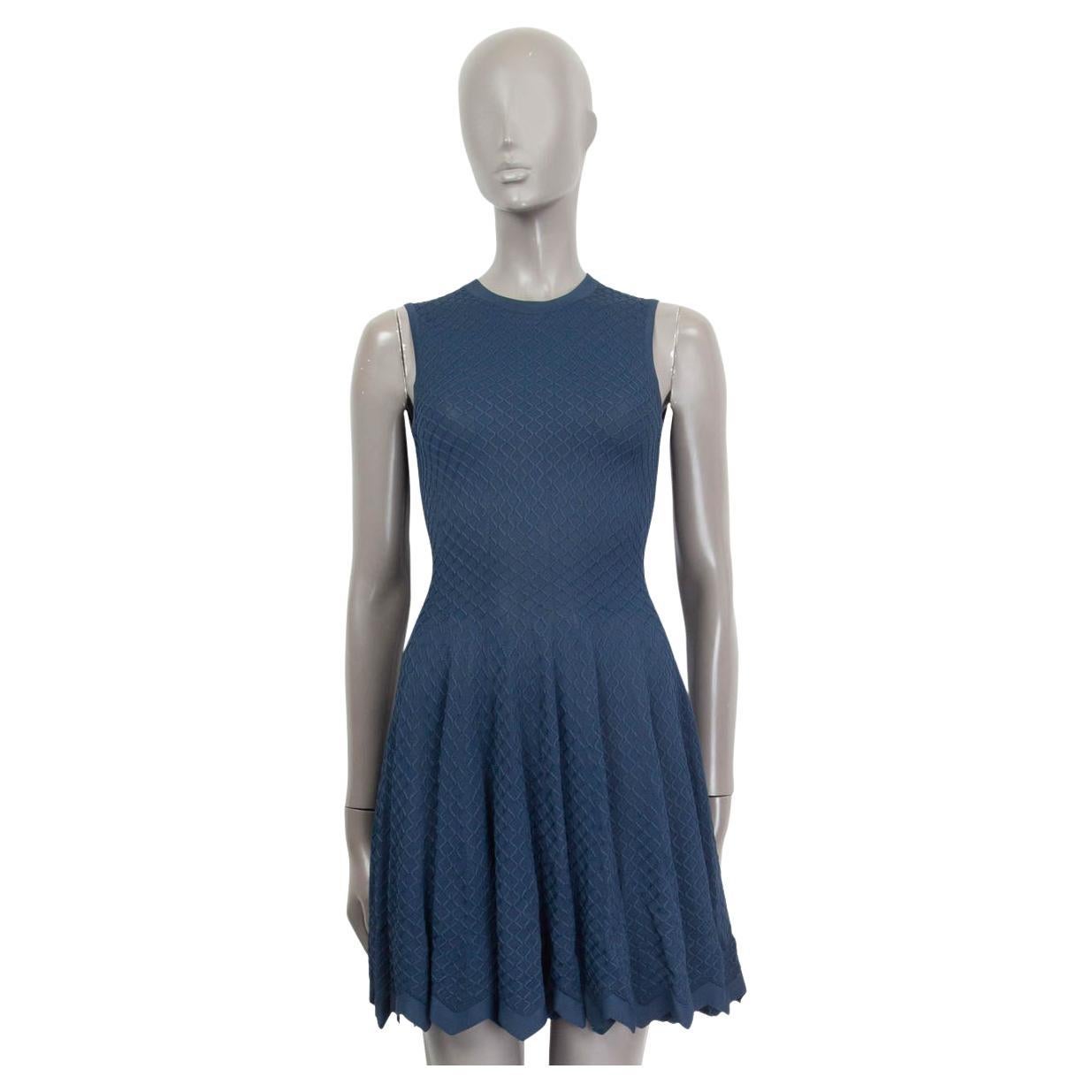 ALAIA blue viscose FISHNET SLEEVELESS FLARED KNIT MINI Dress 36 XS For Sale