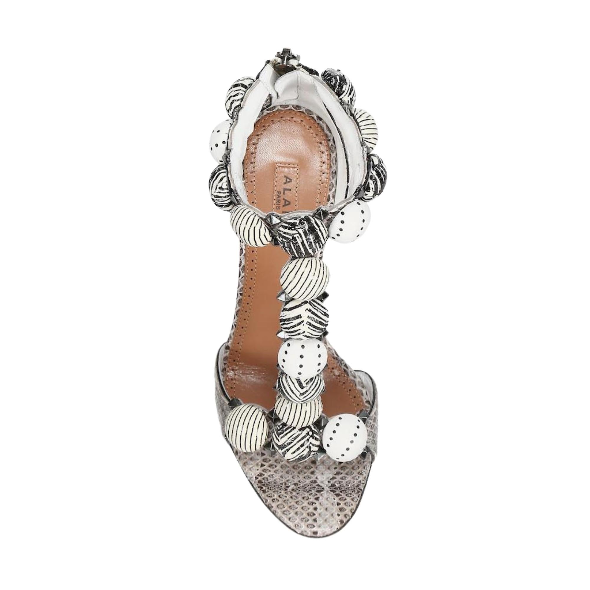 Gray Alaia Bombe T Strap Snakeskin White And Black Sandal Heels (EU 39.5)
