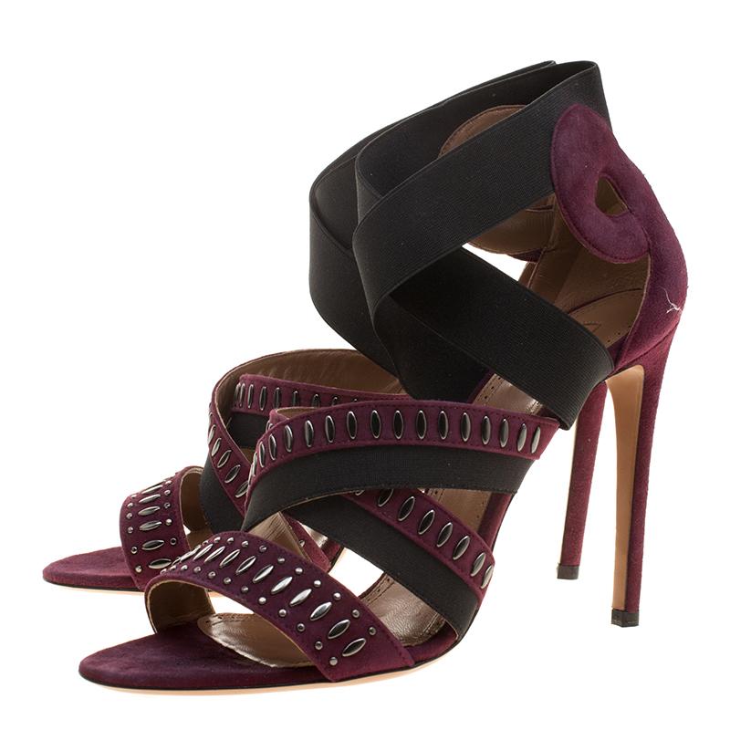 Alaia Bordeaux Studded Suede Cross Strap Peep Toe Sandals Size 41 Damen