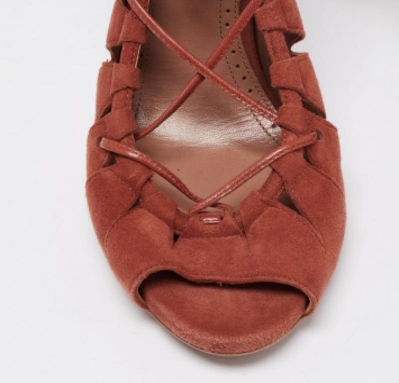Alaia Brick Brown Suede Cut-Out Peep-Toe Ankle-Tie Sandals Size 39 For Sale 1