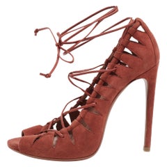 Alaia Brick Brown Suede Cut-Out Peep-Toe Ankle-Tie Sandals Size 39