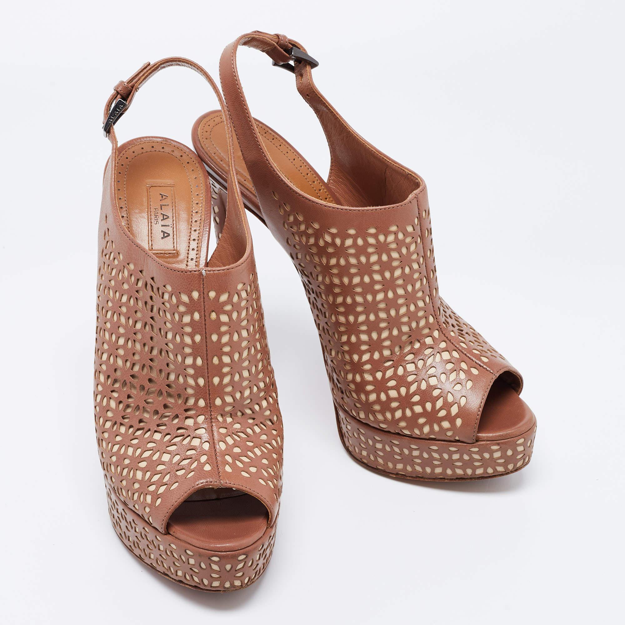 Women's Alaia Brown/Beige Leather Peep Toe  Ankle Strap Sandals Size  36.5
