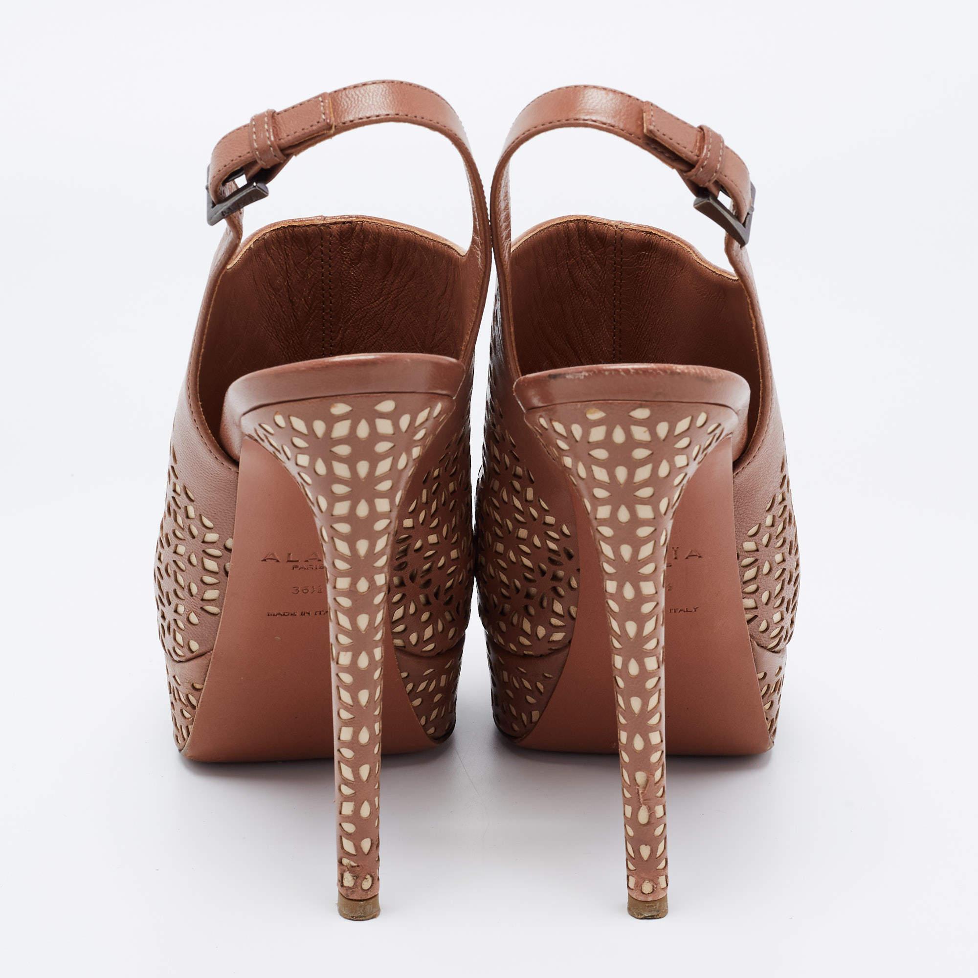 Alaia Brown/Beige Leather Peep Toe  Ankle Strap Sandals Size  36.5 1