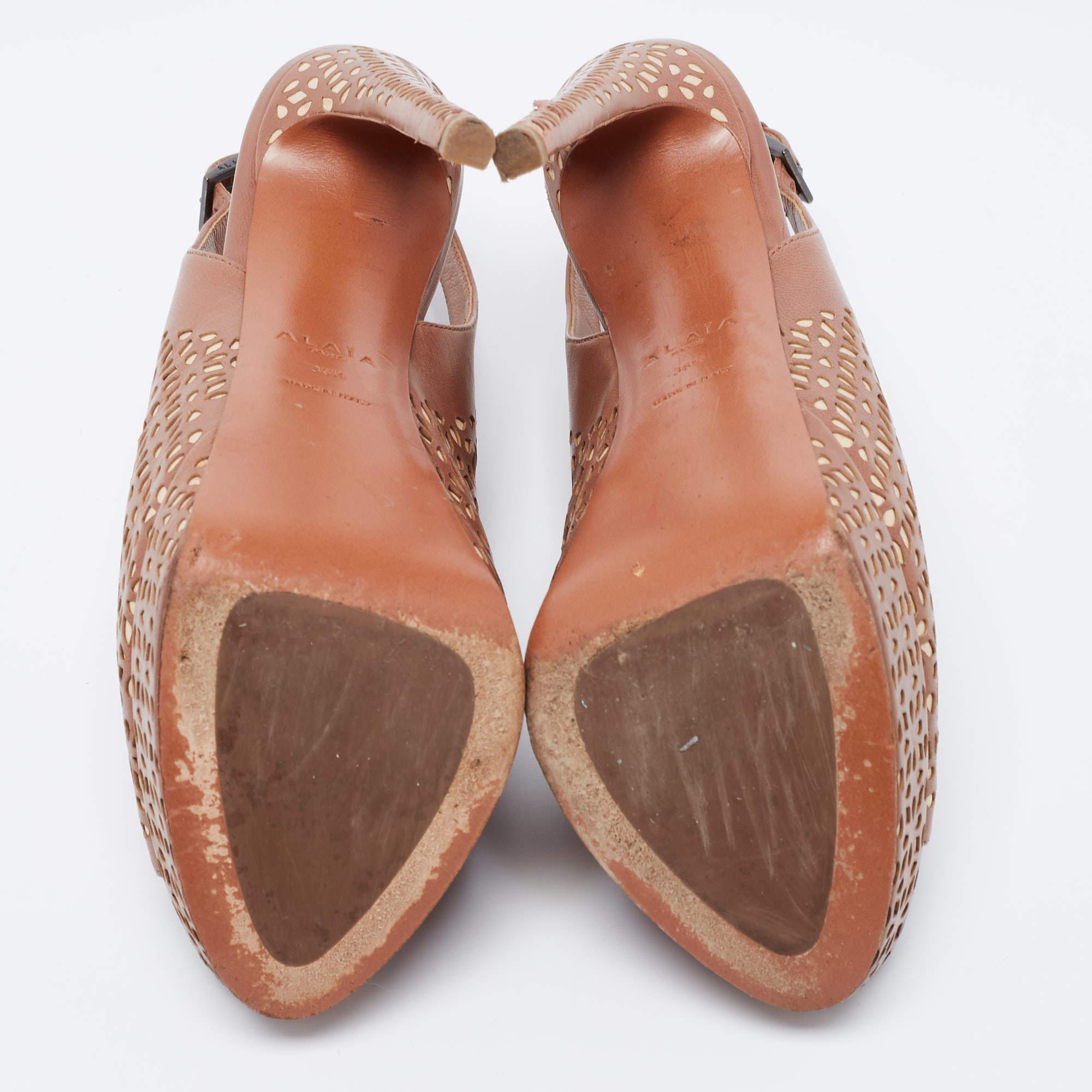 Alaia Brown/Beige Leather Peep Toe  Ankle Strap Sandals Size  36.5 2