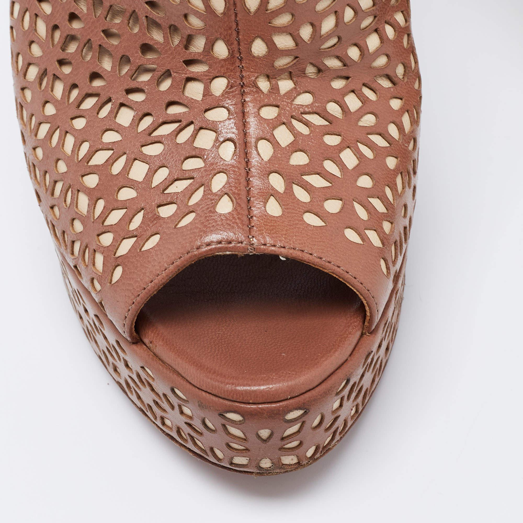 Alaia Brown/Beige Leather Peep Toe  Ankle Strap Sandals Size  36.5 3
