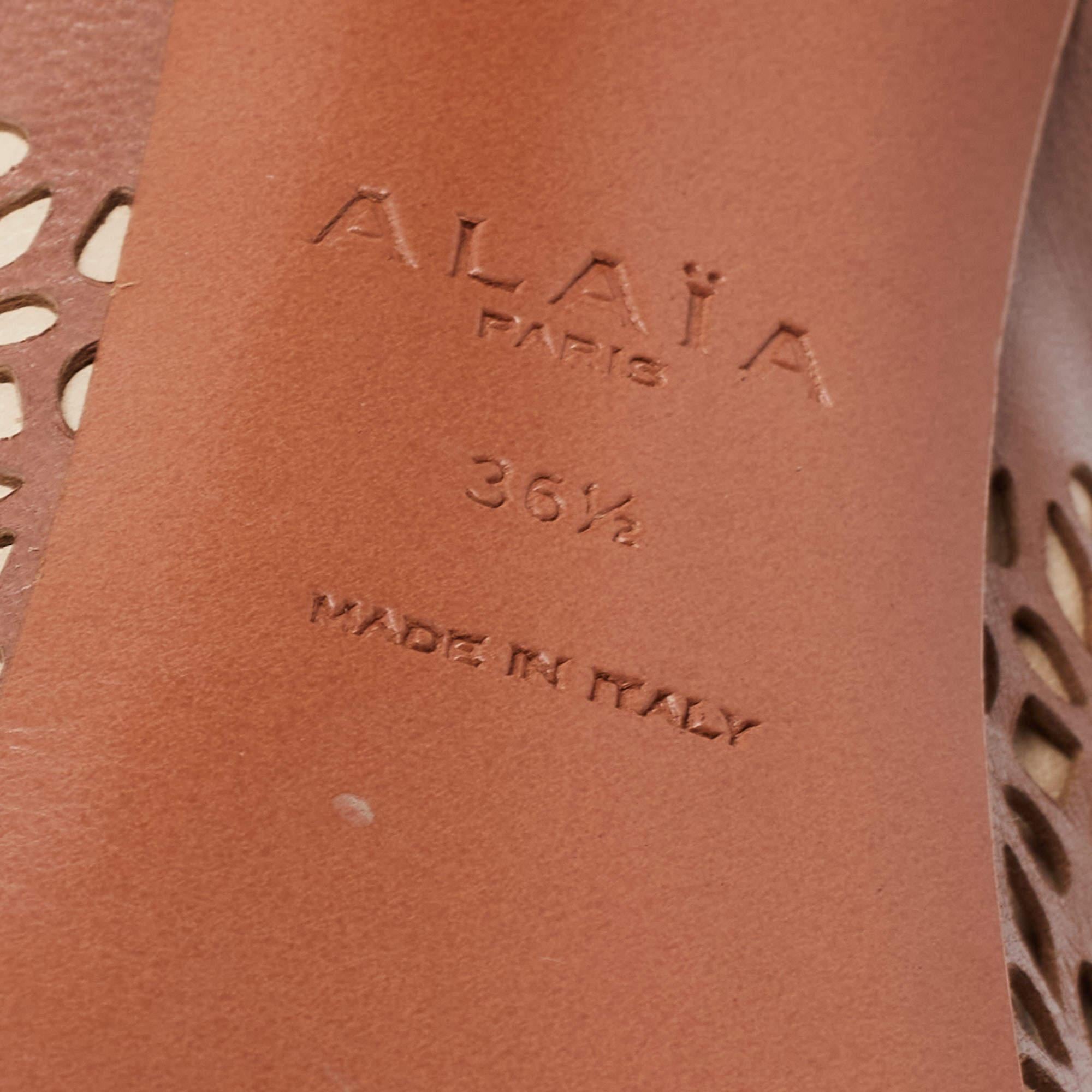 Alaia Brown/Beige Leather Peep Toe  Ankle Strap Sandals Size  36.5 4