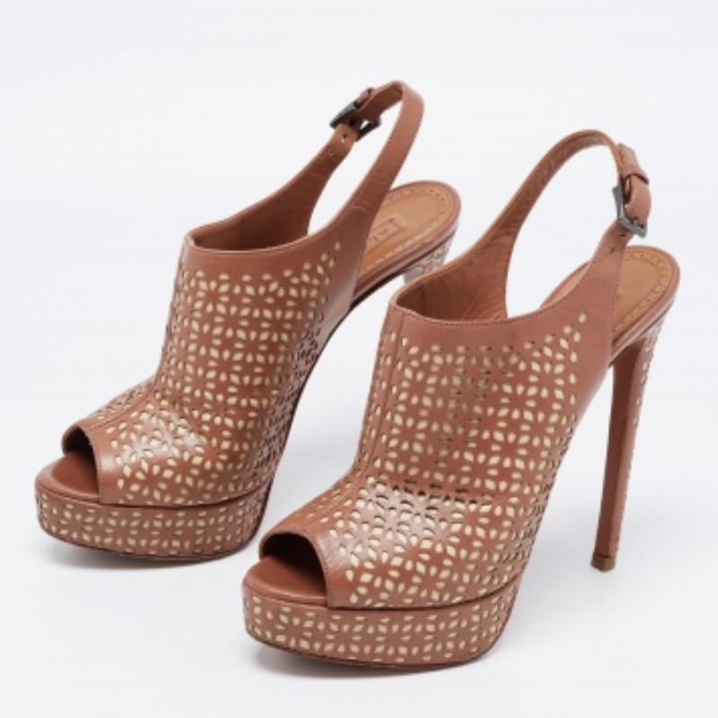 Alaia Piel Marrón/Beige Peep Toe  Tamaño de las sandalias con correa de tobillo  36.5 en venta 4