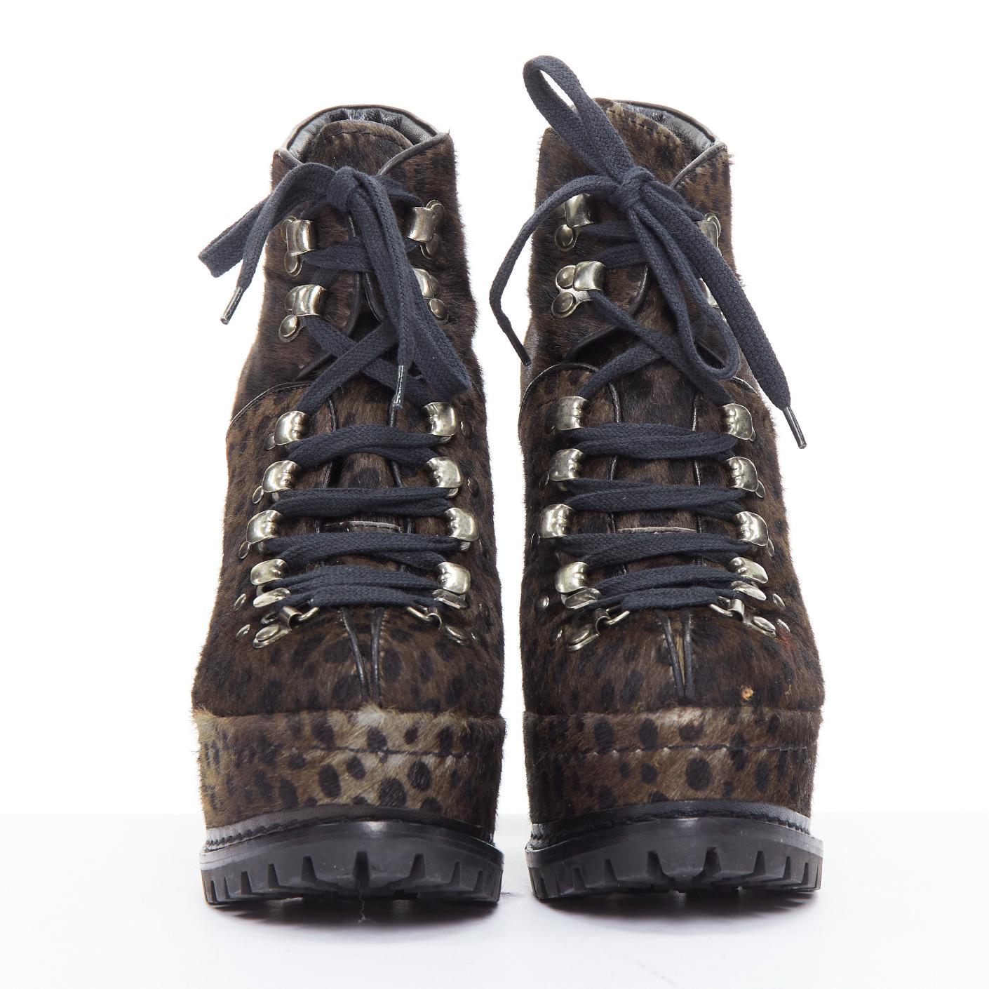 Black ALAIA brown leopard calf hair lug sole platform booties EU37