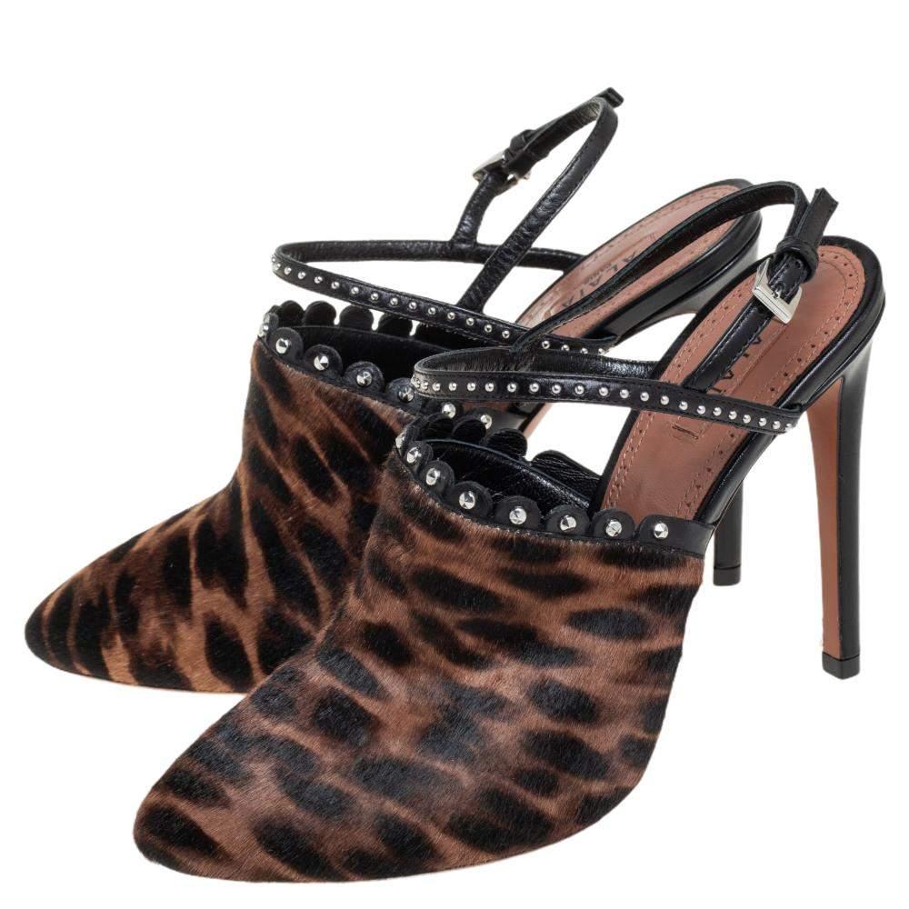 Women's Alaia Brown Leopard Print Calf Hair And Black Studded Leather Sandals Size 37