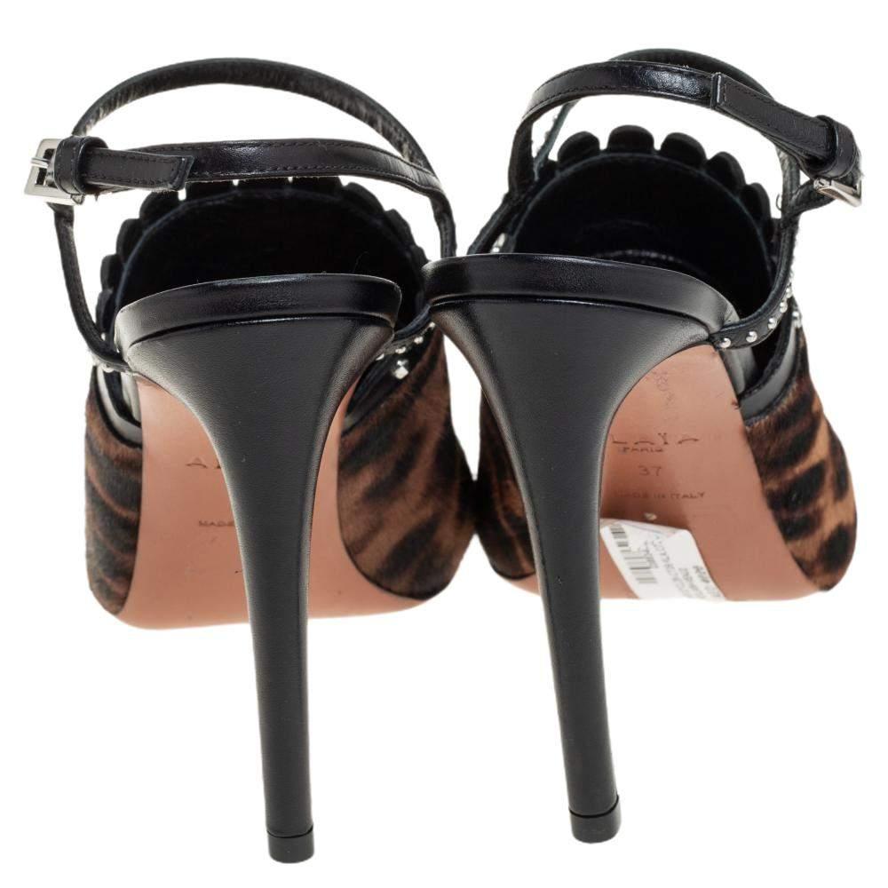 Alaia Brown Leopard Print Calf Hair And Black Studded Leather Sandals Size 37 1
