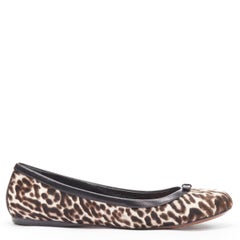 ALAIA brown leopard spot print pony hair black bow trim ballet flats EU37.5