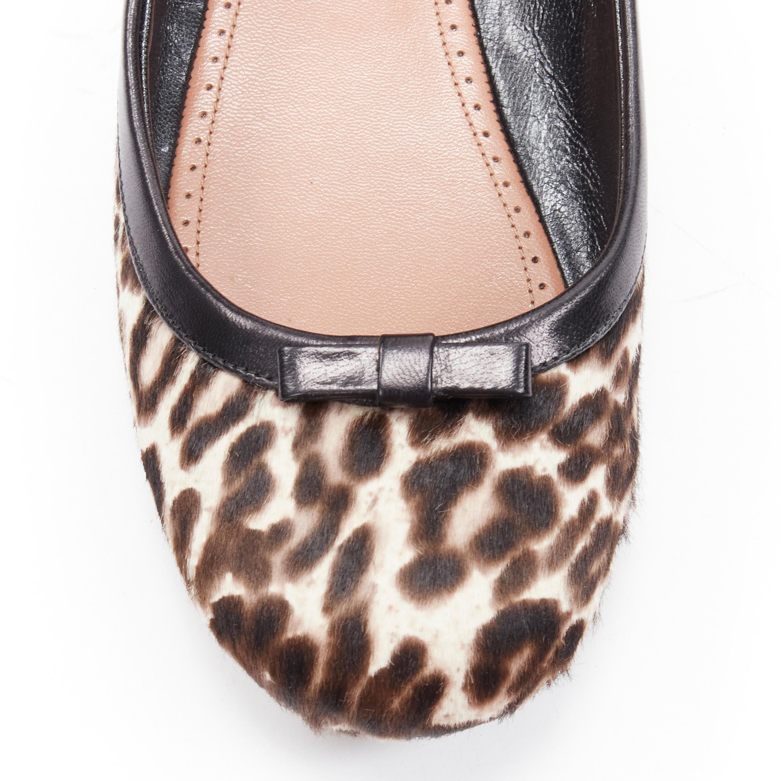 Beige ALAIA brown leopard spot print pony hair black bow trim ballet flats EU37.5