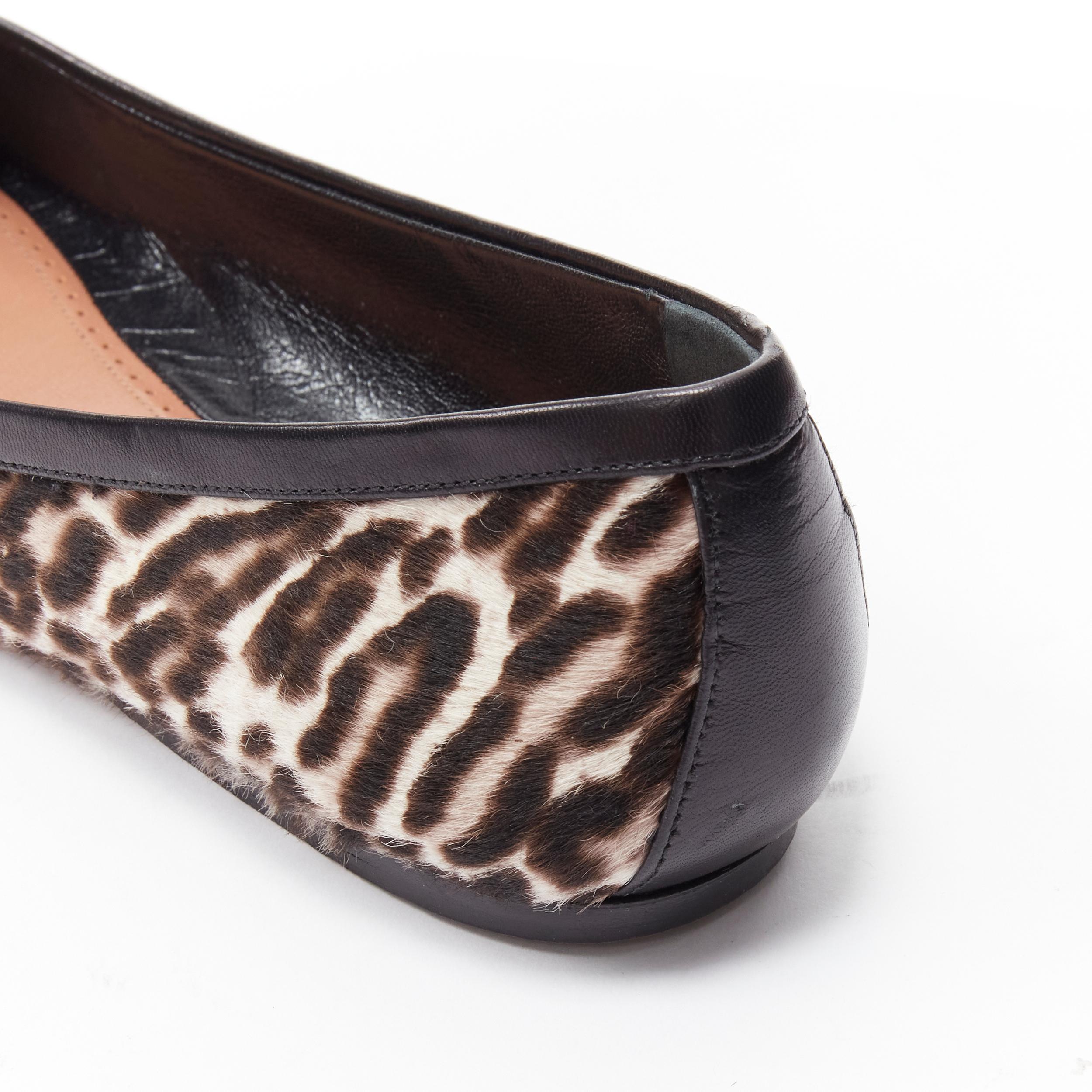Women's ALAIA brown leopard spot print pony hair black bow trim ballet flats EU37.5