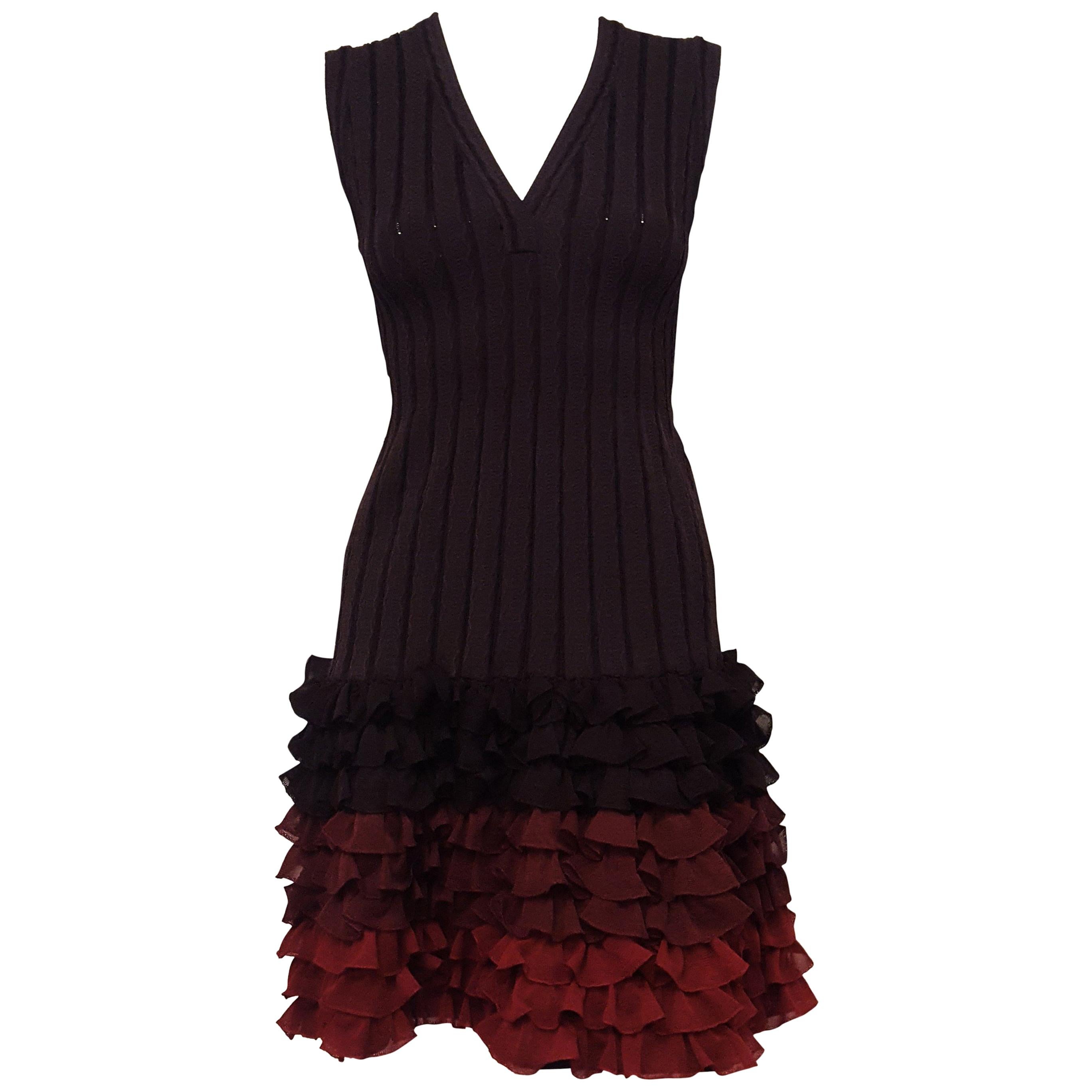 Alaia Brown Ribbed Knit Silk Runway Dress Ombre Effect and Ruffled Rows 40 EU For Sale