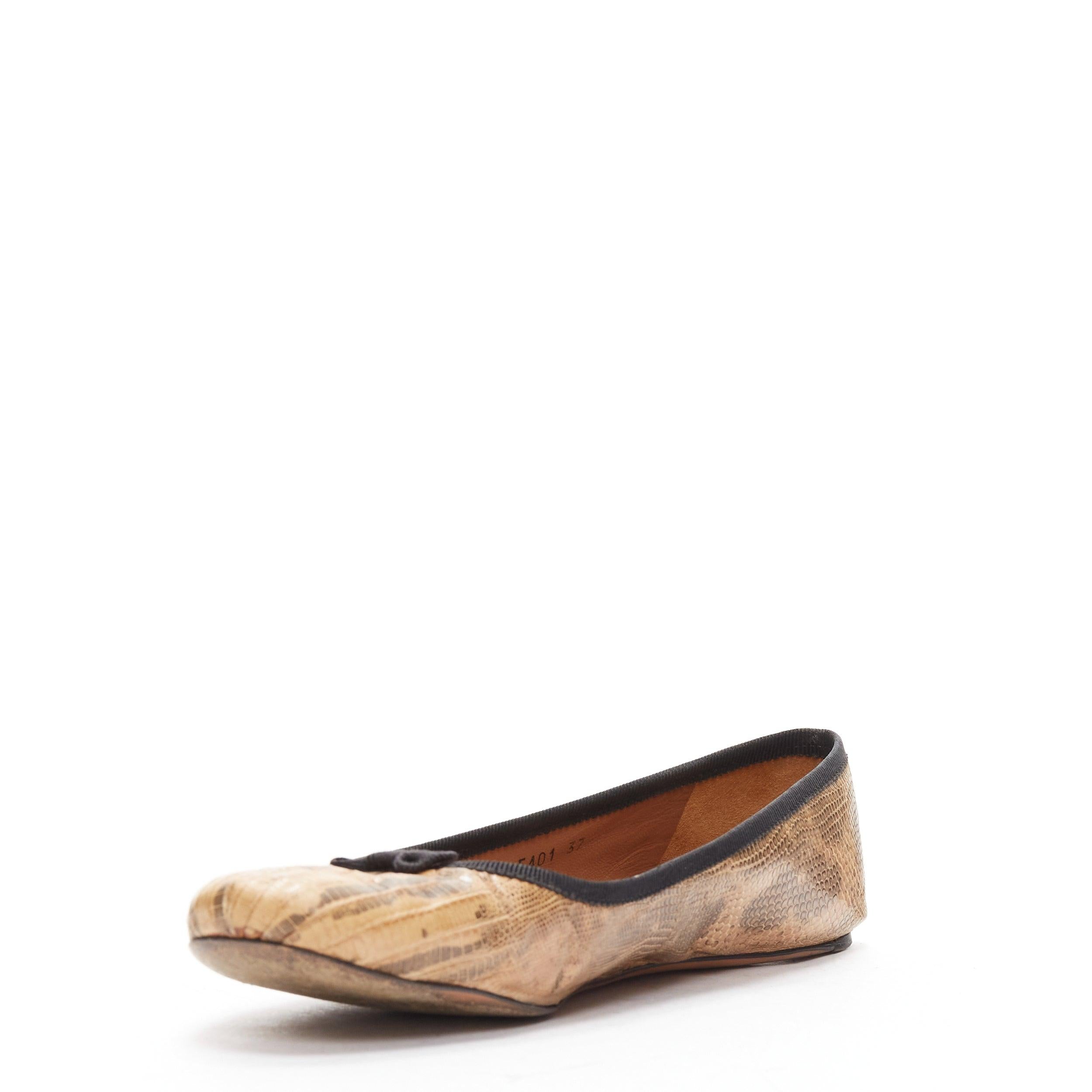 ALAIA brown scaled leather black bow trim ballerina flats shoes EU37 In Good Condition For Sale In Hong Kong, NT
