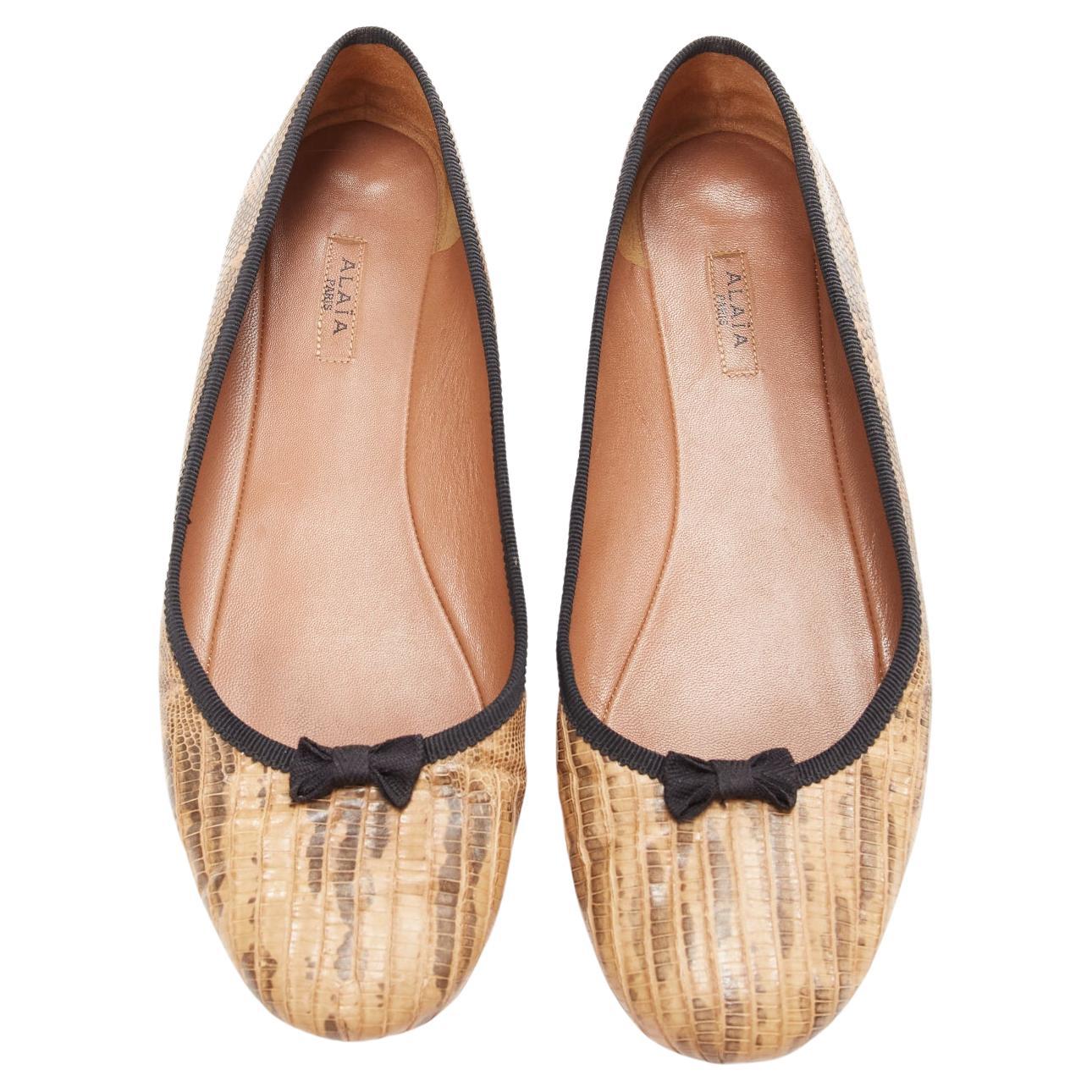 ALAIA brown scaled leather black bow trim ballerina flats shoes EU37 For Sale
