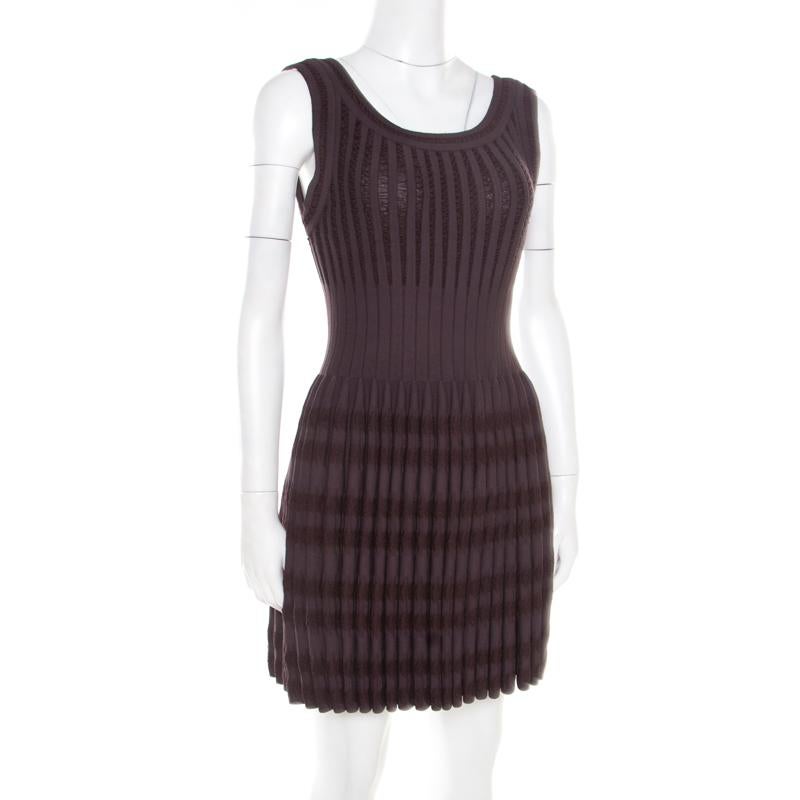 Black Alaia Brown Stretch Knit Paneled Fit and Flare Dress M