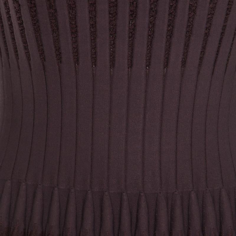 Alaia Brown Stretch Knit Paneled Fit and Flare Dress M In Good Condition In Dubai, Al Qouz 2