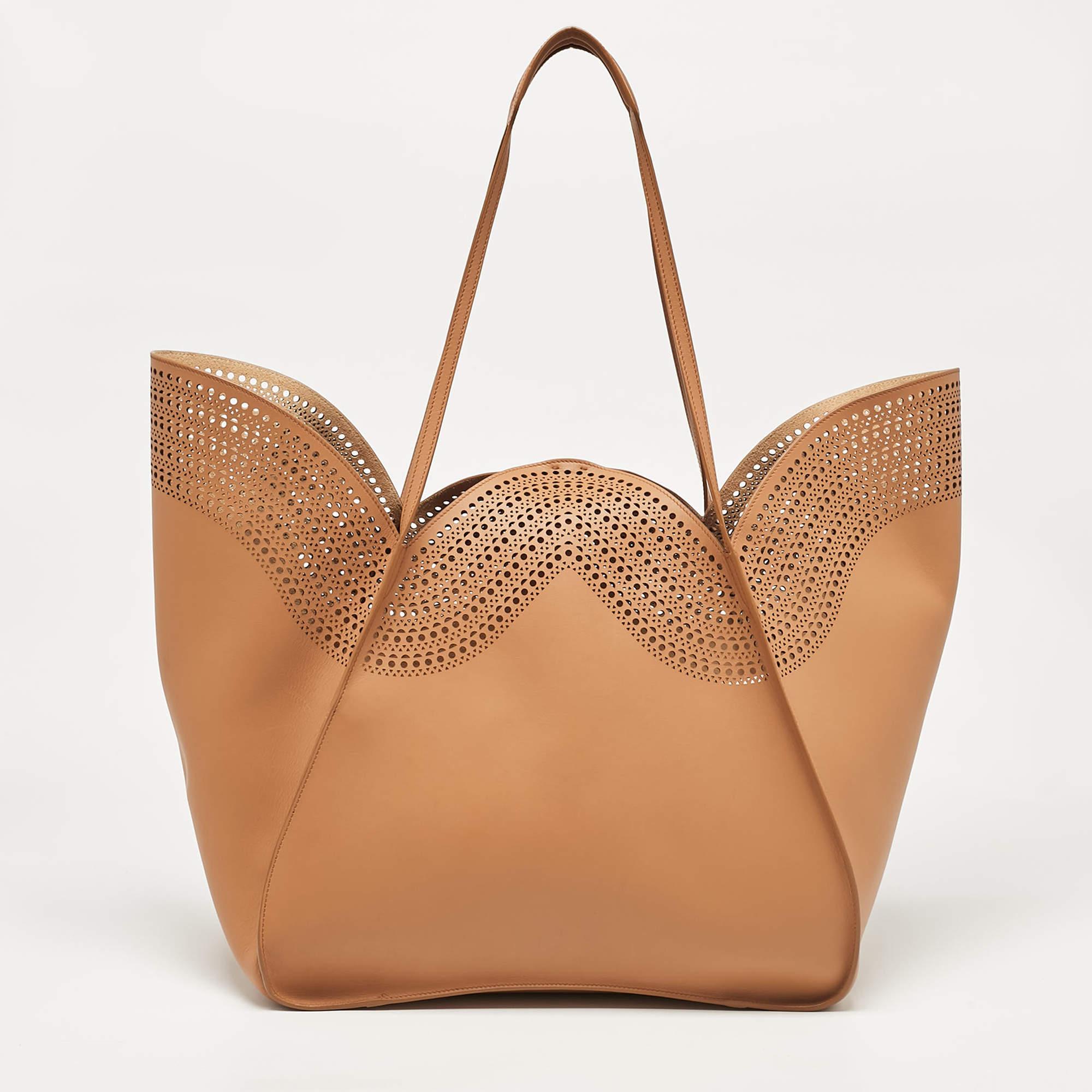 Women's Alaia Brown Vienne Laser Cut Leather Large Lili Tote
